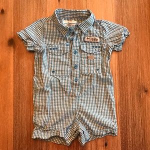 Columbia PFG blue plaid romper, 6-12 mo